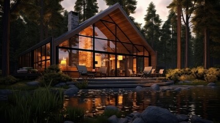 Cozy autonomous eco-house in a summer forest near the river. The concept of caring for the environment and relaxation away from the city.