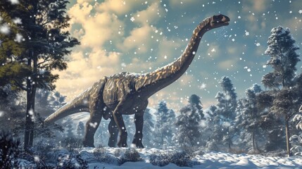 A towering Brachiosaurus reaching its long neck up to catch snowflakes on its tongue. - obrazy, fototapety, plakaty