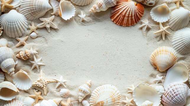 a frame composed of various seashells and starfish on a background of white sand. The central open space suggests a place for text or another image. 