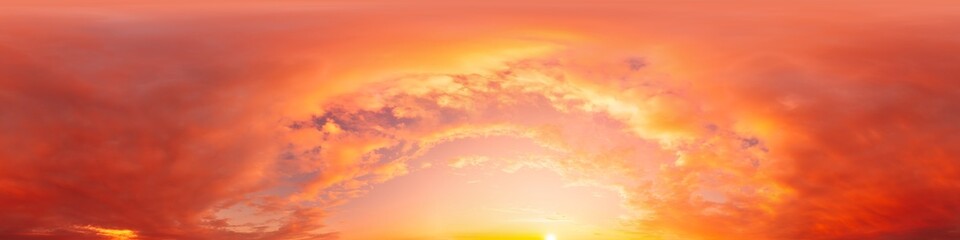Fototapeta premium Sunset sky panorama with bright glowing pink Cumulus clouds. HDR 360 seamless spherical panorama. Full zenith or sky dome in 3D, sky replacement for aerial drone panoramas. Climate and weather change.
