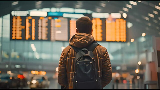Traveler Man Observing Timetable Departure Board.