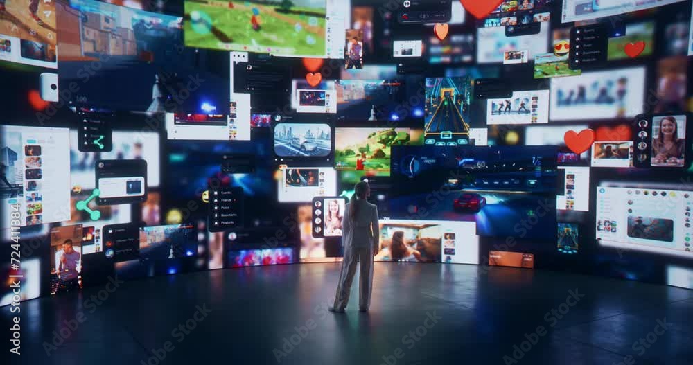 Poster back view of caucasian woman entering 3d cyberspace with animated social media interfaces, online vi