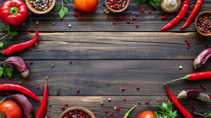  a wooden surface framed by an assortment of vibrant vegetables like tomatoes, chili peppers, garlic, and herbs