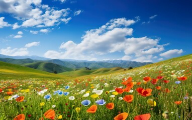 Sunny weather poster. Beautiful spring landscape with colorful wildflowers in a green meadow on a blue sky day, white clouds. AI Generative.