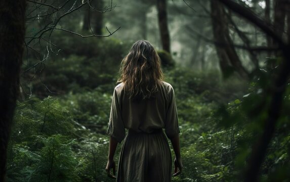 Mystery poster. A woman standing in the forest walking away, point of view from behind. Back view, no face, over the shoulder. AI Generative.