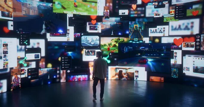 Social Media Internet Web Concept: Caucasian Man Browsing Network of Websites, Online Games, Communities And Viral Videos. Animated Visualization Of Digital Interface Stream With Entertaining Content.