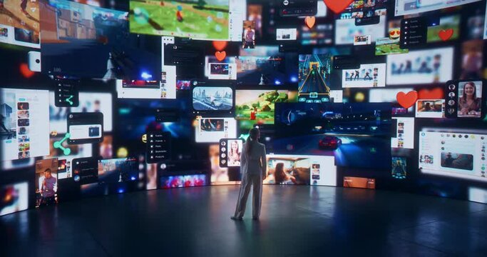 Back View Of Caucasian Woman Entering 3D Cyberspace With Animated Social Media Interfaces, Online Video Games, Videos, Internet Content. Visualization Of Female Enthusiast Surfing Computer Network.