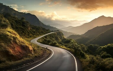 Mountain view. Winding road stretching into the distance. Horizontal landscape poster. Serpent road and foggy valley. AI Generative.