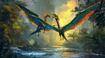 A duo of playful pterodactyls swoop and dive above the riverbank their colorful wings adding to the vibrant scene.