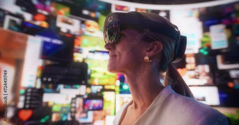 Poster closeup portrait of caucasian woman wearing augmented reality glasses and surfing animated network o