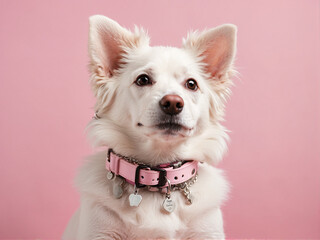 Cute white dog with a collar on a pink background. Studio shot.