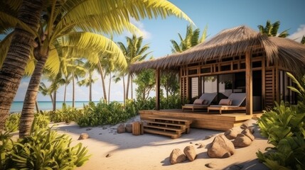 Fototapeta na wymiar Eco-house or villa with palm trees, on the ocean and beach. Ecotourism and vacation concept