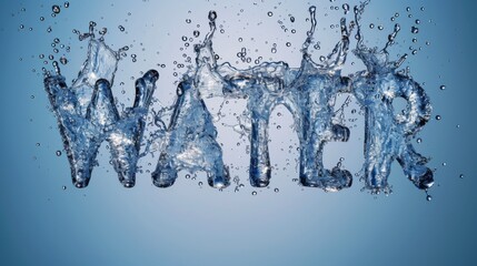 Clear water splash in form of word Water. Transparent liquid on blue background