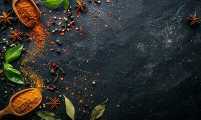 top-down view of various spices and herbs arranged on a dark slate background. The composition includes a wooden spoon filled with ground turmeric, alongside scattered whole spices and fresh green lea - obrazy, fototapety, plakaty