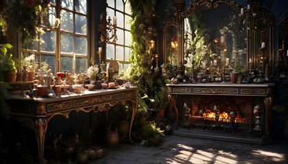 Fototapeta na wymiar A panoramic shot of a rustic room with christmas decorations