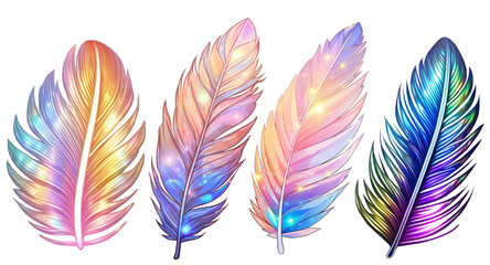 multicolored feathers on a transparent background. multicolored bird feathers isolated. Multicolored holographic gradient vibrant trendy. holographic sticker on a transparent background.