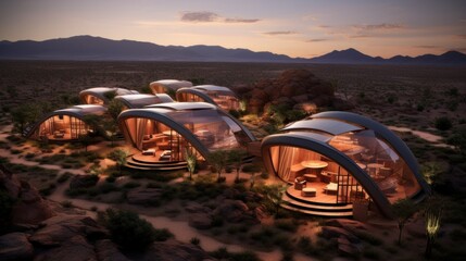 Eco-friendly eco-lodge with eco-friendly houses in a desert landscape. Ecotourism concept and environmental protection