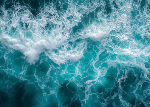 an aerial view of ocean water with swirling white foam patterns over a deep turquoise sea © lionqcathy