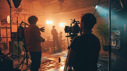 Film crew team with light man and cameraman working together with director in big studio, video production behind the scenes making of TV commercial movie - obrazy, fototapety, plakaty