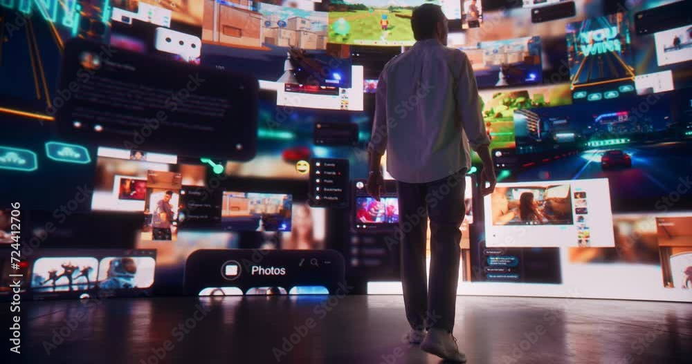 Poster Backview Of Caucasian Man Pressing A Button And Connecting To Virtual Network Of Social Media, Online Gaming, Video Streaming, e-Commerce Shopping. Male Internet User Enjoying Web Culture Concept. 