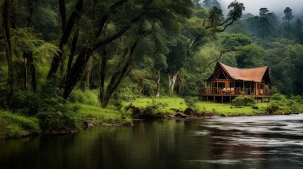 Obraz premium Cozy autonomous eco-house in a summer forest near the river. The concept of caring for the environment and relaxation away from the city.