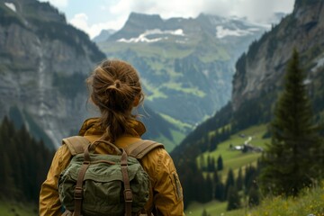 Nature’s Beauty: Female Hiker Trekking Through Mountains, Generative AI