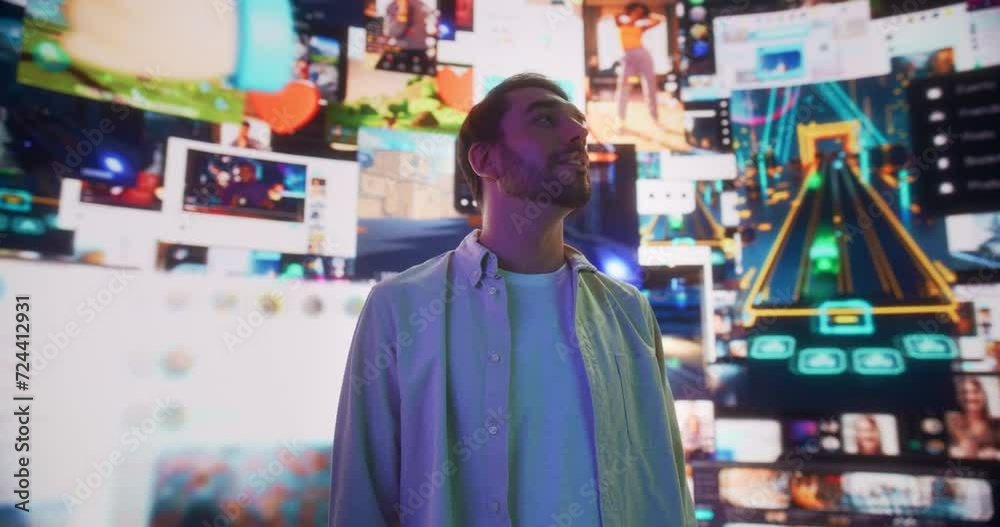 Aufkleber portrait of caucasian man enjoying 3d cyberspace with animated social media interfaces, online video