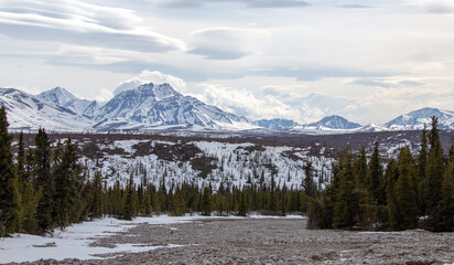 Snowcapped mountains under lenticular clouds in the spring in Denali National Park in Alaska United States