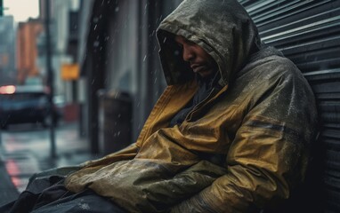 Man Sitting on Bench in Rain