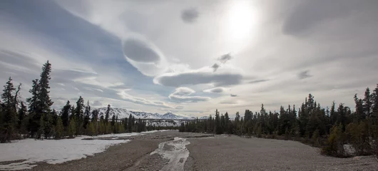 Papier Peint photo autocollant Denali Gravel riverbed and snowcapped mountains under lenticular clouds in the spring in Denali National Park in Alaska United States