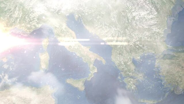Zoom in from space and focus on Trani, Italy. 3D Animation. Background for travel intro. Elements of this image furnished by NASA