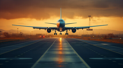 Airplane in the airport runway at sunset. Travel concept