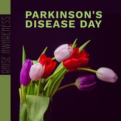 Composition of parkinson's disease day text over bunch of multi coloured tulips