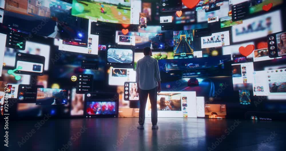 Poster Backview Of Caucasian Man Entering Animated Stream Of Content. Visualization Of Browsing Metaverse Big Data with Viral Videos, Social Media Profiles with Influencers, and Internet Communities.