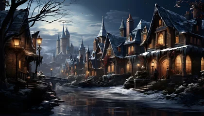Fototapeten Winter landscape with old wooden houses and a frozen river in the night © Iman