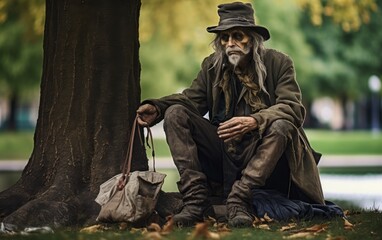 Elderly Man Resting Under Tree With Bag