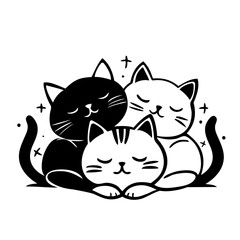 Three whimsical hand drawn kittens piled on the ground vector graphic design, one color. 