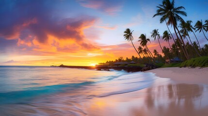 Fototapeta na wymiar Beautiful panoramic seascape with palm trees at sunset