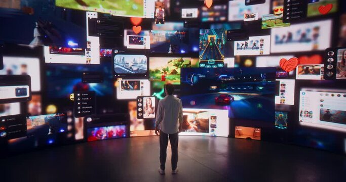 Backview Of Caucasian Man Enjoying Animated Stream Of Online Interfaces With Social Media, Fintech Services, e-Commerce Shopping, Internet Influencers And Video Games. Visualization Of Web Network.