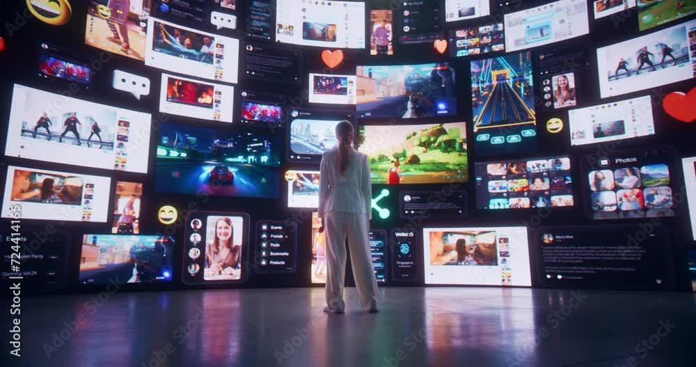 Poster Backview Of Caucasian Woman Connecting To Animated Stream of Content. Browsing Multimedia all-in-one Entertainment, Messaging, TV, Videos, Emoji, Sharing, Video Game Playing, Fintech, Online Shopping.