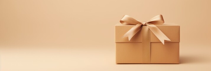 Golden gift box tied with satin ribbon isolated on beige background. Banner