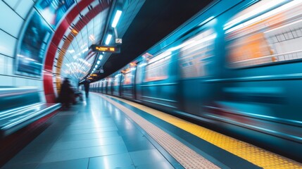 Motion blur passing underground train to the tunnel on the subway platform - obrazy, fototapety, plakaty