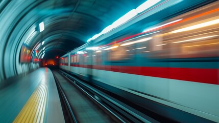 Fototapeta na wymiar Motion blur passing underground train to the tunnel on the subway platform