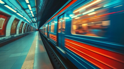 Motion blur passing underground train to the tunnel on the subway platform - obrazy, fototapety, plakaty