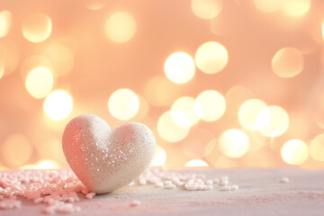 Fototapeta premium Festive Valentines day background. Blurred heart shape bokeh