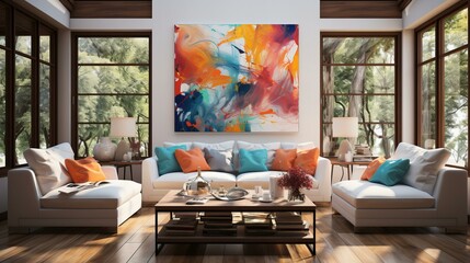 カラフルな絵画が置いてある部屋