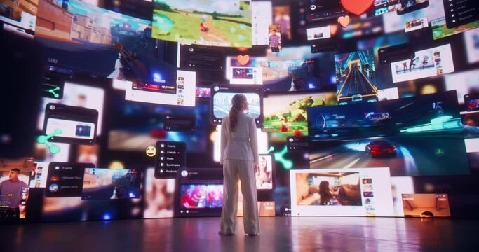 Backview Of Caucasian Woman Entering 3D Cyberspace With Animated Social Media Interfaces, Online Video Games, Videos, Internet Content. Visualization Of Female Enthusiast Surfing Computer Network.