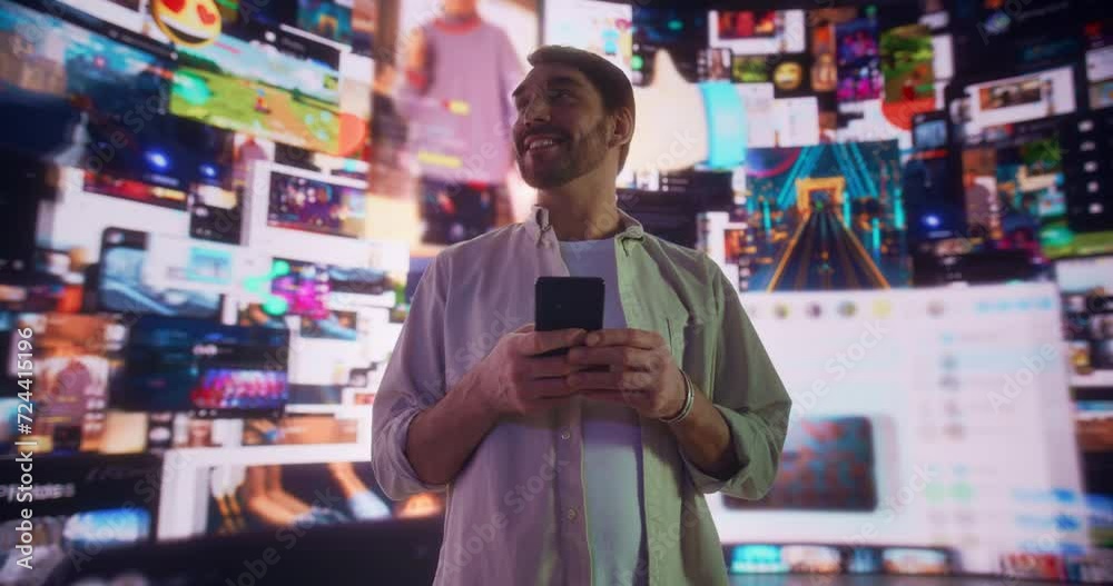Poster portrait of caucasian man using smartphone in 3d cyberspace with animated social media interfaces, o
