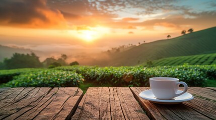 A wooden desk with a tea field or an empty wooden table overlooking a mountain with a cup of tea and a copy space, Generative AI.