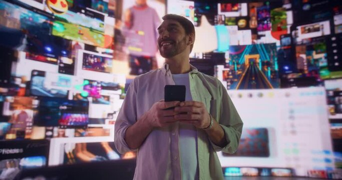 Portrait Of Caucasian Man Using Smartphone in 3D Cyberspace With Animated Social Media Interfaces, Online Video Games, Viral Videos, Internet Content. Visualization Of Blockchain Technology Concept.